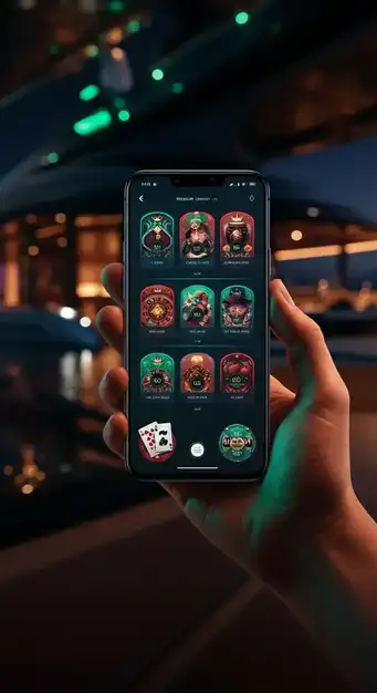 Interface moderne de Casinozer sur smartphone présentant une sélection de machines à sous et de jeux de casino en direct, symbolisant la liberté du jeu mobile.